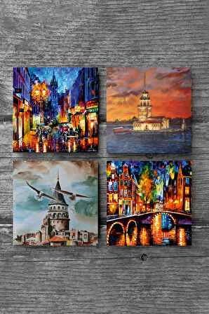 Köprü Manzarası, Sokak Manzarası, İstanbul Galata Kulesi, Kız Kulesi Taş Bardak Altlığı Masaüstü Koruyucu Altlık 4 Parça Set 10x10cm Stone Coasters