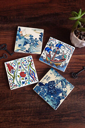 Japon Sanatı, Fuji Dağı, Çini Sanatı Lale, Yelkenli Gemi Taş Bardak Altlığı Masaüstü Koruyucu Altlık 4 Parça Set 10x10cm Stone Coasters