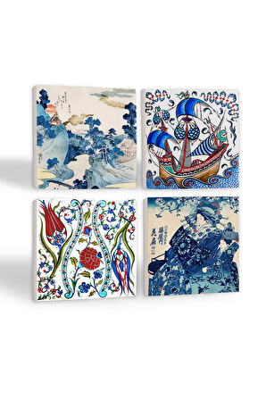 Japon Sanatı, Fuji Dağı, Çini Sanatı Lale, Yelkenli Gemi Taş Bardak Altlığı Masaüstü Koruyucu Altlık 4 Parça Set 10x10cm Stone Coasters