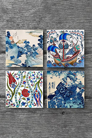 Japon Sanatı, Fuji Dağı, Çini Sanatı Lale, Yelkenli Gemi Taş Bardak Altlığı Masaüstü Koruyucu Altlık 4 Parça Set 10x10cm Stone Coasters