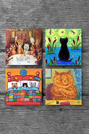 Kedi Taş Bardak Altlığı Masaüstü Koruyucu Altlık 4 Parça Set 10x10cm Stone Coasters