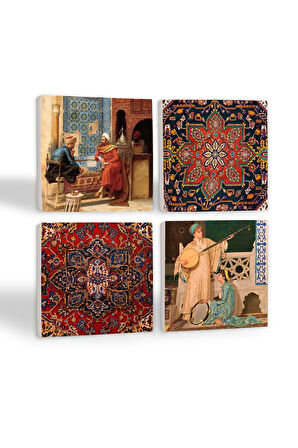 Desen, Satranç Oyunu, İki Müzisyen Kız Taş Bardak Altlığı Masaüstü Koruyucu Altlık 4 Parça Set 10x10cm Stone Coasters