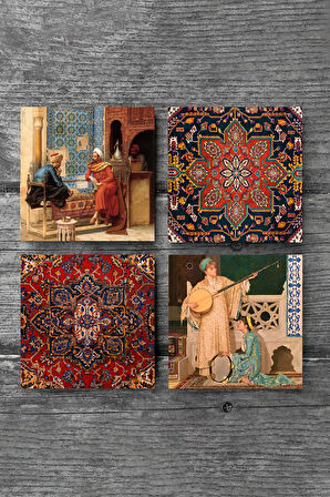 Desen, Satranç Oyunu, İki Müzisyen Kız Taş Bardak Altlığı Masaüstü Koruyucu Altlık 4 Parça Set 10x10cm Stone Coasters