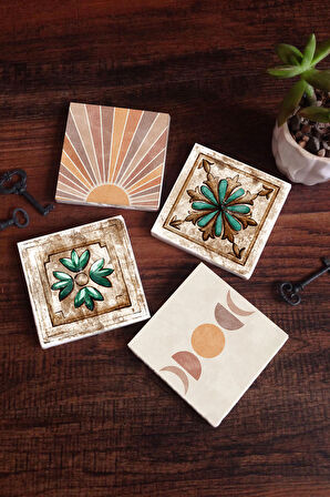 Minimalist Soyut, Fas Desenli Vintage Taş Bardak Altlığı Masaüstü Koruyucu Altlık 4 Parça Set 10x10cm Stone Coasters