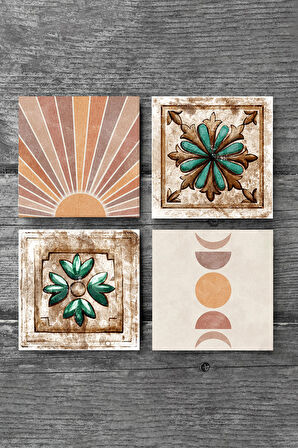 Minimalist Soyut, Fas Desenli Vintage Taş Bardak Altlığı Masaüstü Koruyucu Altlık 4 Parça Set 10x10cm Stone Coasters