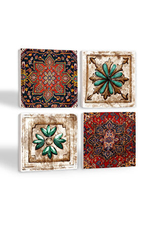 Desen, Fas Desenli Vintage Taş Bardak Altlığı Masaüstü Koruyucu Altlık 4 Parça Set 10x10cm Stone Coasters