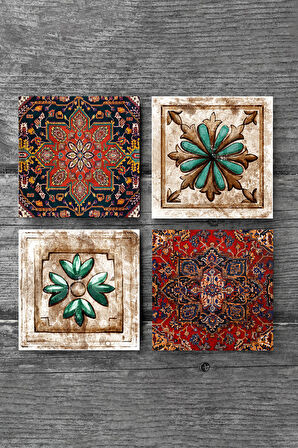 Desen, Fas Desenli Vintage Taş Bardak Altlığı Masaüstü Koruyucu Altlık 4 Parça Set 10x10cm Stone Coasters