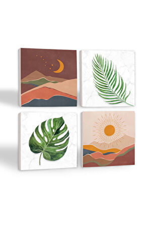 Bohem, Yaprak Taş Bardak Altlığı Masaüstü Koruyucu Altlık 4 Parça Set 10x10cm Stone Coasters