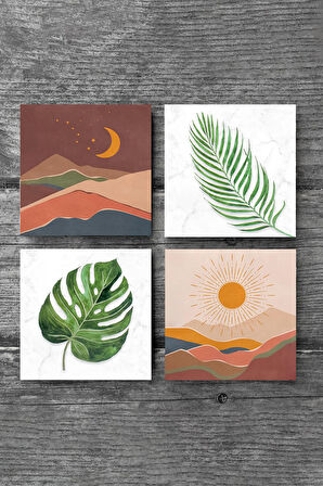 Bohem, Yaprak Taş Bardak Altlığı Masaüstü Koruyucu Altlık 4 Parça Set 10x10cm Stone Coasters