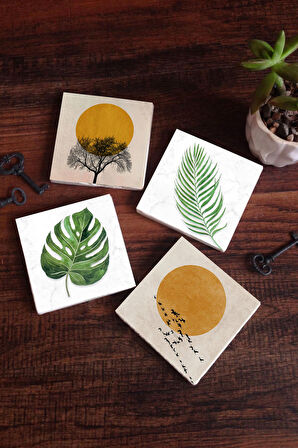 Minimalist, Yaprak Taş Bardak Altlığı Masaüstü Koruyucu Altlık 4 Parça Set 10x10cm Stone Coasters