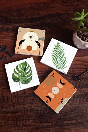 Bohem, Yaprak Taş Bardak Altlığı Masaüstü Koruyucu Altlık 4 Parça Set 10x10cm Stone Coasters