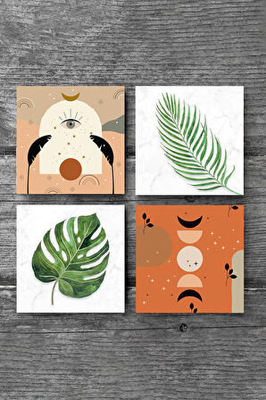 Bohem, Yaprak Taş Bardak Altlığı Masaüstü Koruyucu Altlık 4 Parça Set 10x10cm Stone Coasters