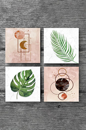 Minimalist Soyut, Yaprak Taş Bardak Altlığı Masaüstü Koruyucu Altlık 4 Parça Set 10x10cm Stone Coasters