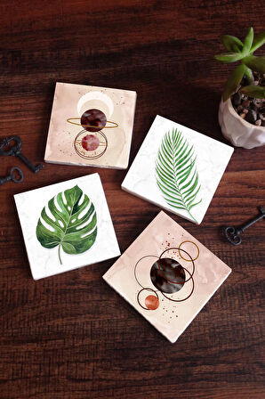 Minimalist Soyut, Yaprak Taş Bardak Altlığı Masaüstü Koruyucu Altlık 4 Parça Set 10x10cm Stone Coasters