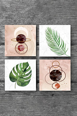 Minimalist Soyut, Yaprak Taş Bardak Altlığı Masaüstü Koruyucu Altlık 4 Parça Set 10x10cm Stone Coasters
