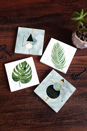 Minimalist Soyut, Yaprak Taş Bardak Altlığı Masaüstü Koruyucu Altlık 4 Parça Set 10x10cm Stone Coasters