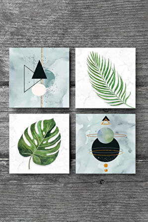 Minimalist Soyut, Yaprak Taş Bardak Altlığı Masaüstü Koruyucu Altlık 4 Parça Set 10x10cm Stone Coasters