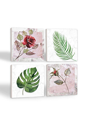 Gül Çiçek, Yaprak Taş Bardak Altlığı Masaüstü Koruyucu Altlık 4 Parça Set 10x10cm Stone Coasters