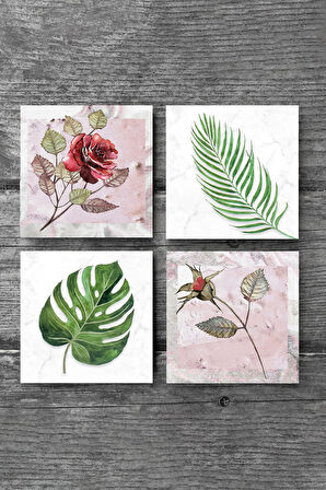 Gül Çiçek, Yaprak Taş Bardak Altlığı Masaüstü Koruyucu Altlık 4 Parça Set 10x10cm Stone Coasters
