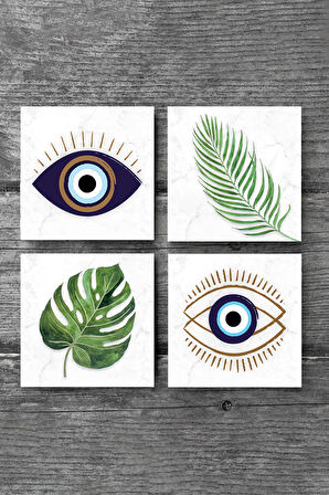 Nazar, Yaprak Taş Bardak Altlığı Masaüstü Koruyucu Altlık 4 Parça Set 10x10cm Stone Coasters