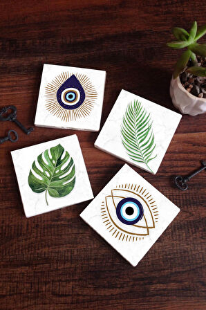 Nazar, Yaprak Taş Bardak Altlığı Masaüstü Koruyucu Altlık 4 Parça Set 10x10cm Stone Coasters