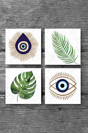 Nazar, Yaprak Taş Bardak Altlığı Masaüstü Koruyucu Altlık 4 Parça Set 10x10cm Stone Coasters