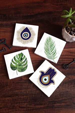 Fatma Ana Eli (Hamsa), Nazar, Yaprak Taş Bardak Altlığı Masaüstü Koruyucu Altlık 4 Parça Set 10x10cm Stone Coasters