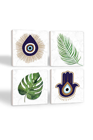 Fatma Ana Eli (Hamsa), Nazar, Yaprak Taş Bardak Altlığı Masaüstü Koruyucu Altlık 4 Parça Set 10x10cm Stone Coasters