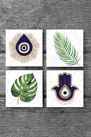 Fatma Ana Eli (Hamsa), Nazar, Yaprak Taş Bardak Altlığı Masaüstü Koruyucu Altlık 4 Parça Set 10x10cm Stone Coasters
