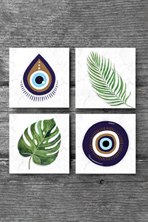 Nazar, Yaprak Taş Bardak Altlığı Masaüstü Koruyucu Altlık 4 Parça Set 10x10cm Stone Coasters