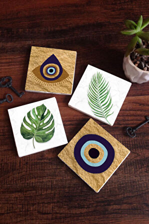 Nazar, Yaprak Taş Bardak Altlığı Masaüstü Koruyucu Altlık 4 Parça Set 10x10cm Stone Coasters