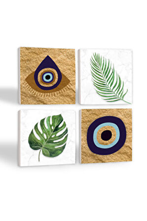 Nazar, Yaprak Taş Bardak Altlığı Masaüstü Koruyucu Altlık 4 Parça Set 10x10cm Stone Coasters