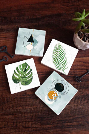 Minimalist Soyut, Yaprak Taş Bardak Altlığı Masaüstü Koruyucu Altlık 4 Parça Set 10x10cm Stone Coasters