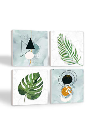 Minimalist Soyut, Yaprak Taş Bardak Altlığı Masaüstü Koruyucu Altlık 4 Parça Set 10x10cm Stone Coasters
