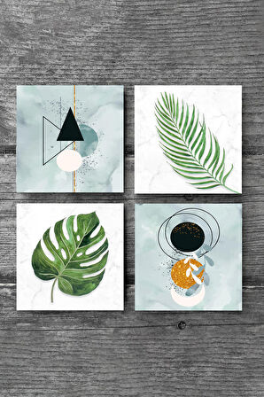 Minimalist Soyut, Yaprak Taş Bardak Altlığı Masaüstü Koruyucu Altlık 4 Parça Set 10x10cm Stone Coasters