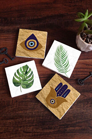Fatma Ana Eli (Hamsa), Nazar, Yaprak Taş Bardak Altlığı Masaüstü Koruyucu Altlık 4 Parça Set 10x10cm Stone Coasters