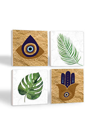 Fatma Ana Eli (Hamsa), Nazar, Yaprak Taş Bardak Altlığı Masaüstü Koruyucu Altlık 4 Parça Set 10x10cm Stone Coasters
