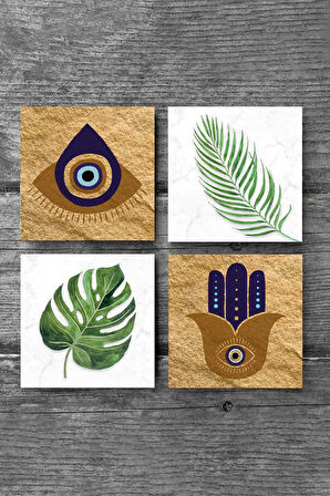 Fatma Ana Eli (Hamsa), Nazar, Yaprak Taş Bardak Altlığı Masaüstü Koruyucu Altlık 4 Parça Set 10x10cm Stone Coasters