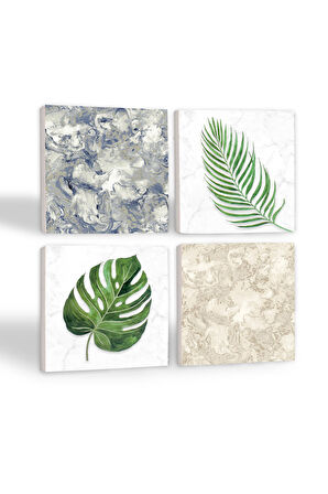 Yaprak, Desen Taş Bardak Altlığı Masaüstü Koruyucu Altlık 4 Parça Set 10x10cm Stone Coasters