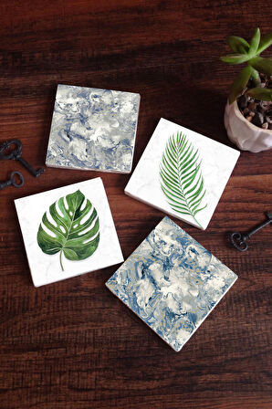 Yaprak, Desen Taş Bardak Altlığı Masaüstü Koruyucu Altlık 4 Parça Set 10x10cm Stone Coasters