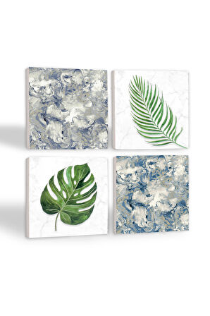 Yaprak, Desen Taş Bardak Altlığı Masaüstü Koruyucu Altlık 4 Parça Set 10x10cm Stone Coasters