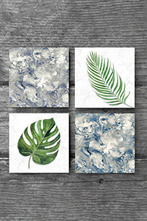Yaprak, Desen Taş Bardak Altlığı Masaüstü Koruyucu Altlık 4 Parça Set 10x10cm Stone Coasters