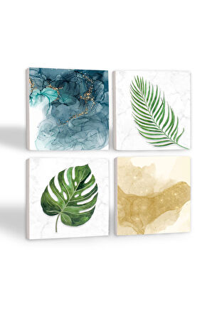 Yaprak, Soyut Sanat Taş Bardak Altlığı Masaüstü Koruyucu Altlık 4 Parça Set 10x10cm Stone Coasters