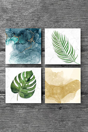 Yaprak, Soyut Sanat Taş Bardak Altlığı Masaüstü Koruyucu Altlık 4 Parça Set 10x10cm Stone Coasters