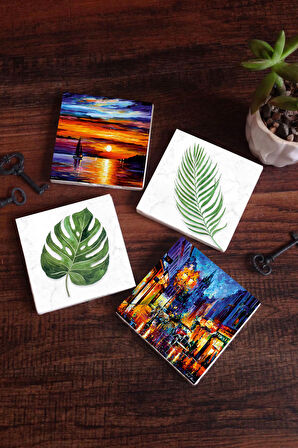 Yaprak, Deniz Manzarası, Sokak Manzarası Taş Bardak Altlığı Masaüstü Koruyucu Altlık 4 Parça Set 10x10cm Stone Coasters