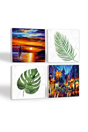 Yaprak, Deniz Manzarası, Sokak Manzarası Taş Bardak Altlığı Masaüstü Koruyucu Altlık 4 Parça Set 10x10cm Stone Coasters