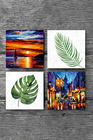 Yaprak, Deniz Manzarası, Sokak Manzarası Taş Bardak Altlığı Masaüstü Koruyucu Altlık 4 Parça Set 10x10cm Stone Coasters