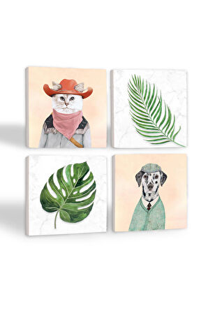 Yaprak, Köpek, Kedi Taş Bardak Altlığı Masaüstü Koruyucu Altlık 4 Parça Set 10x10cm Stone Coasters