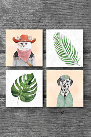 Yaprak, Köpek, Kedi Taş Bardak Altlığı Masaüstü Koruyucu Altlık 4 Parça Set 10x10cm Stone Coasters