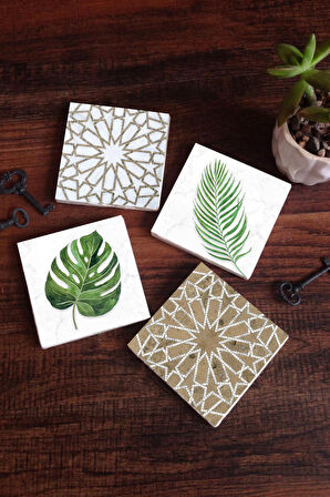 Etnik Desen, Yaprak Taş Bardak Altlığı Masaüstü Koruyucu Altlık 4 Parça Set 10x10cm Stone Coasters